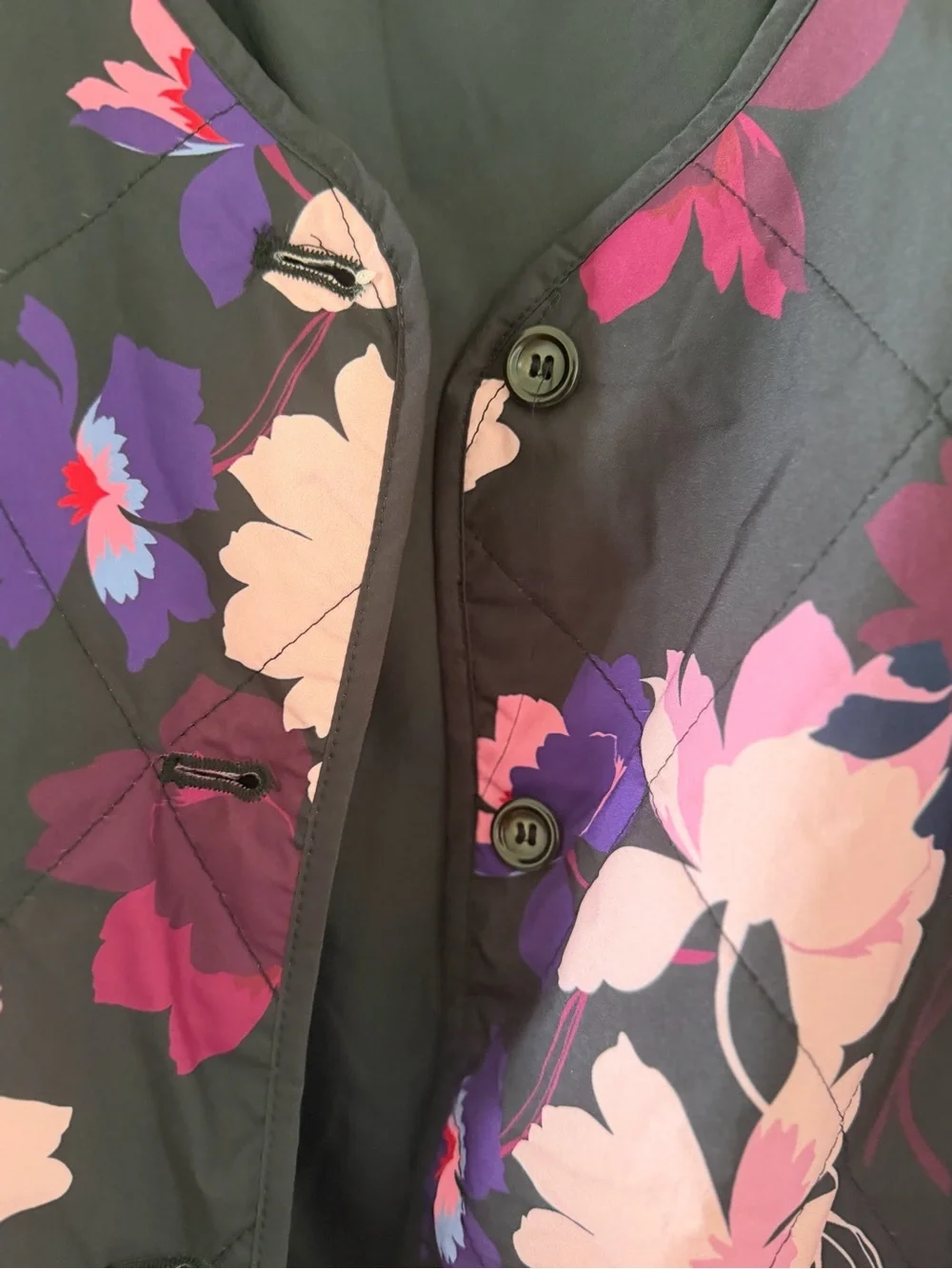 Liz Claiborne Floral Quilted Jacket - Black with Pink & Purple Blooms Size-2XL